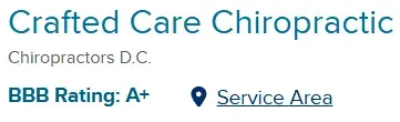 Crafted Care Chiropractic has a Better Business Bureau (BBB) rating of A+